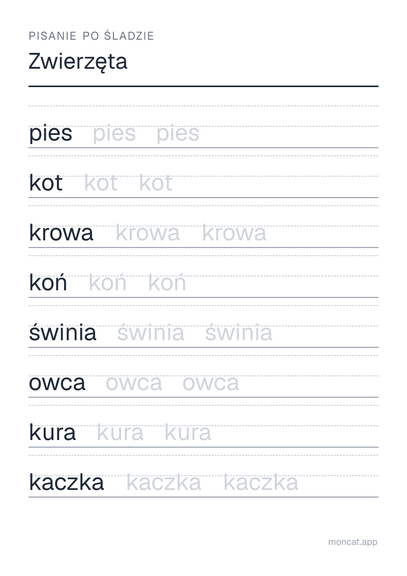 Przykładowa karta pracy do wydruku — Pisanie po śladzie na temat „Zwierzęta” ze słowami: pies, kot, krowa, koń, świnia, owca, kura, kaczka