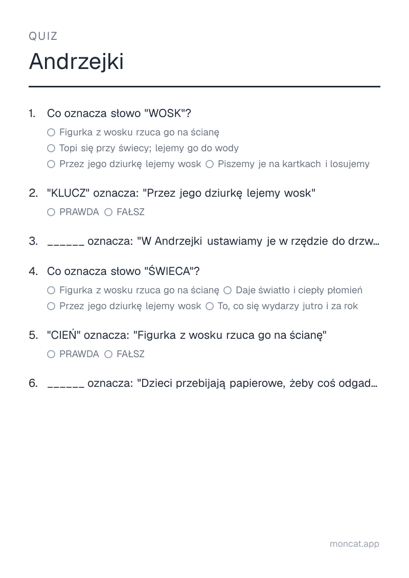 Przykładowa karta pracy do wydruku — Quiz na temat „Andrzejki” ze słowami: wosk, klucz, buty, świeca, cień, serce