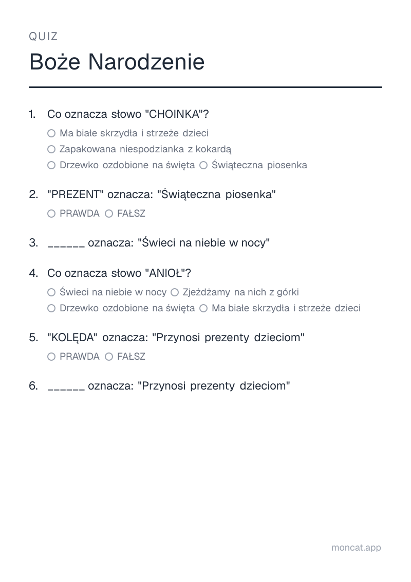 Przykładowa karta pracy do wydruku — Quiz na temat „Boże Narodzenie” ze słowami: choinka, prezent, gwiazda, anioł, kolęda, mikołaj