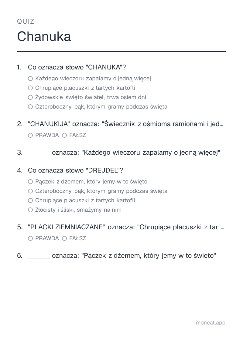 Przykładowa karta pracy do wydruku — Quiz na temat „Chanuka” ze słowami: chanuka, chanukija, świeca, drejdel, placki ziemniaczane, sufganija