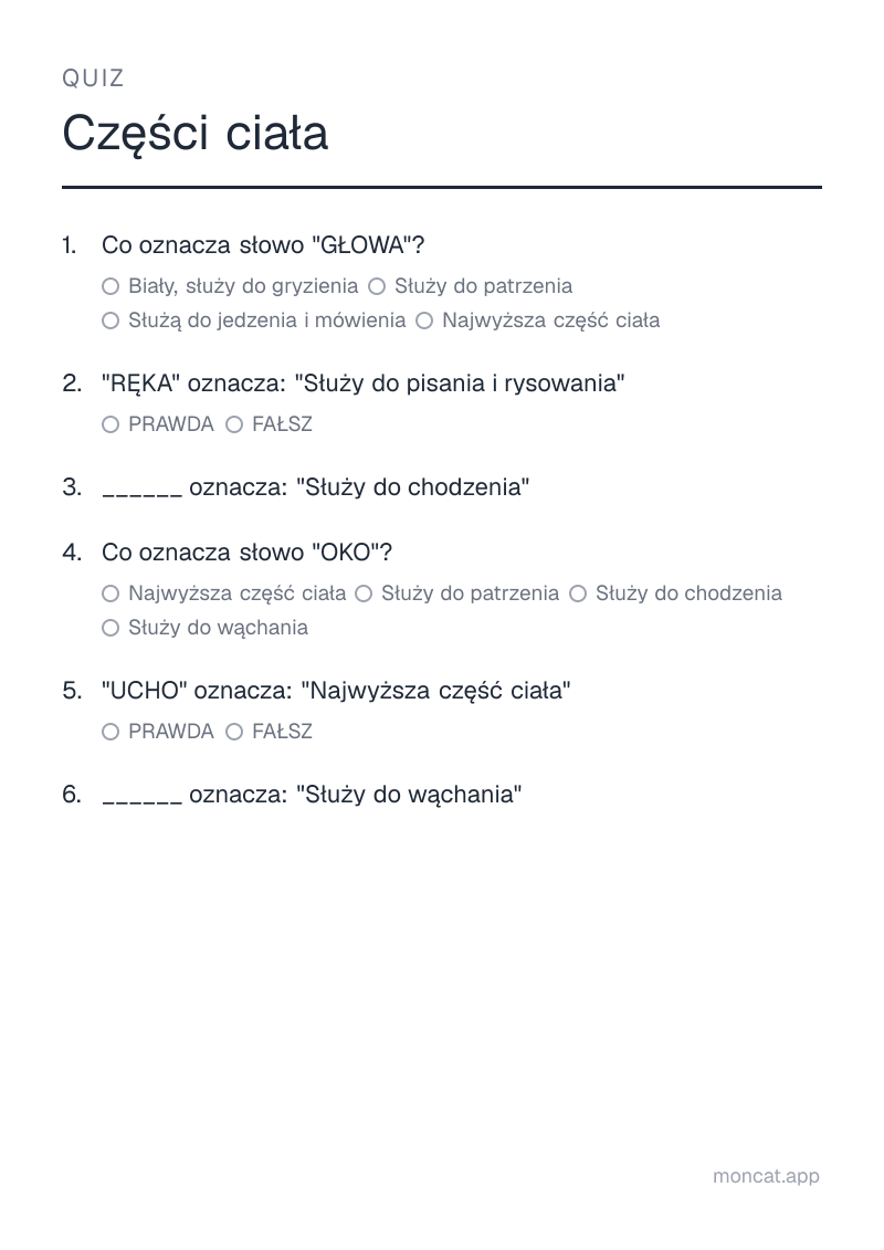 Przykładowa karta pracy do wydruku — Quiz na temat „Części ciała” ze słowami: głowa, ręka, noga, oko, ucho, nos