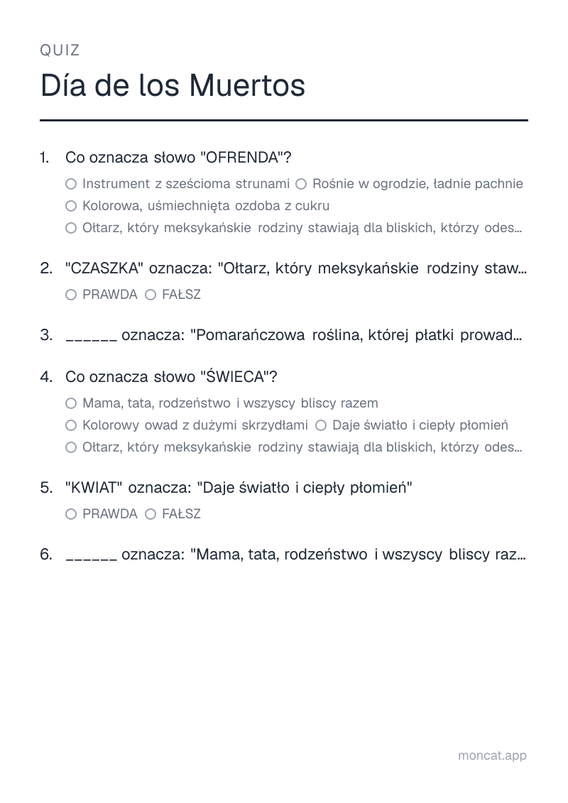 Przykładowa karta pracy do wydruku — Quiz na temat „Día de los Muertos” ze słowami: ofrenda, czaszka, aksamitka, świeca, kwiat, rodzina