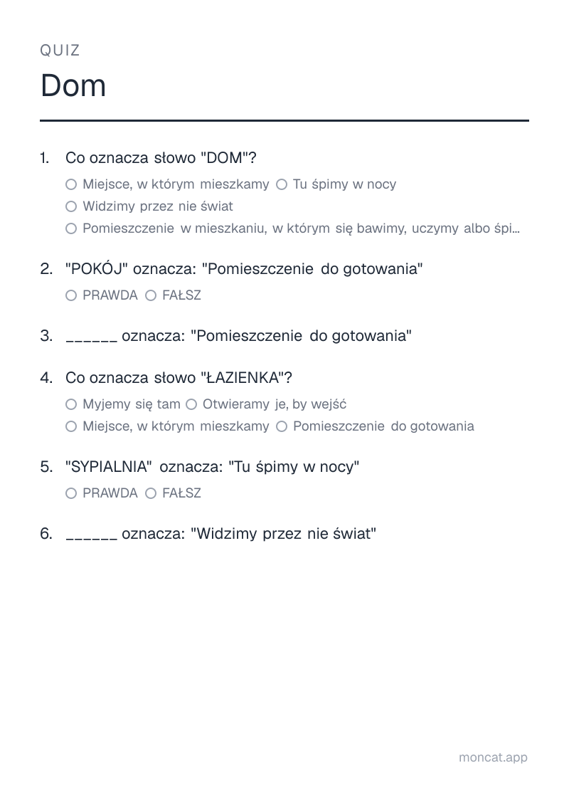Przykładowa karta pracy do wydruku — Quiz na temat „Dom” ze słowami: dom, pokój, kuchnia, łazienka, sypialnia, okno