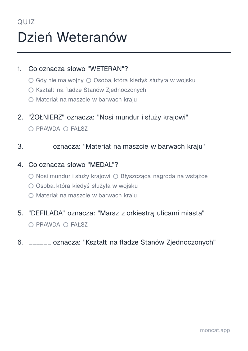 Przykładowa karta pracy do wydruku — Quiz na temat „Dzień Weteranów” ze słowami: weteran, żołnierz, flaga, medal, defilada, gwiazda