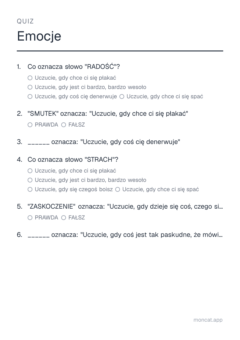 Przykładowa karta pracy do wydruku — Quiz na temat „Emocje” ze słowami: radość, smutek, złość, strach, zaskoczenie, obrzydzenie