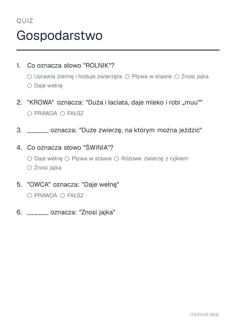 Przykładowa karta pracy do wydruku — Quiz na temat „Gospodarstwo” ze słowami: rolnik, krowa, koń, świnia, owca, kura
