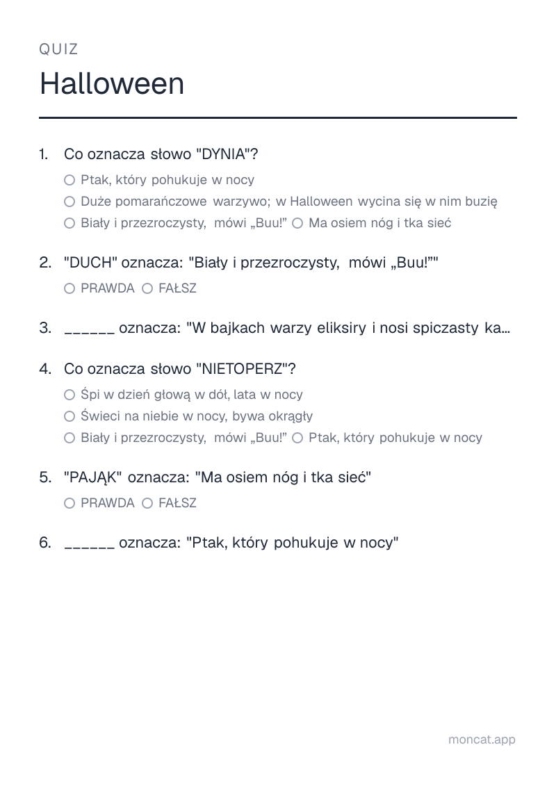 Przykładowa karta pracy do wydruku — Quiz na temat „Halloween” ze słowami: dynia, duch, czarownica, nietoperz, pająk, sowa