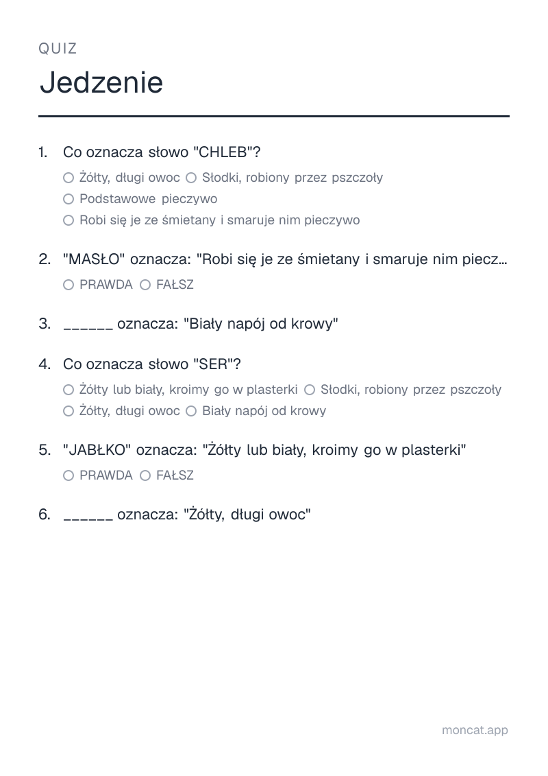 Przykładowa karta pracy do wydruku — Quiz na temat „Jedzenie” ze słowami: chleb, masło, mleko, ser, jabłko, banan