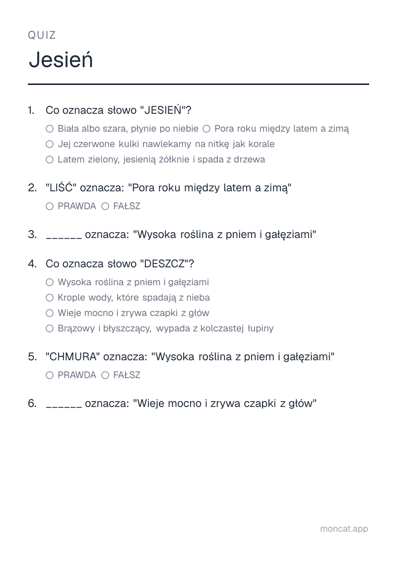 Przykładowa karta pracy do wydruku — Quiz na temat „Jesień” ze słowami: jesień, liść, drzewo, deszcz, chmura, wiatr
