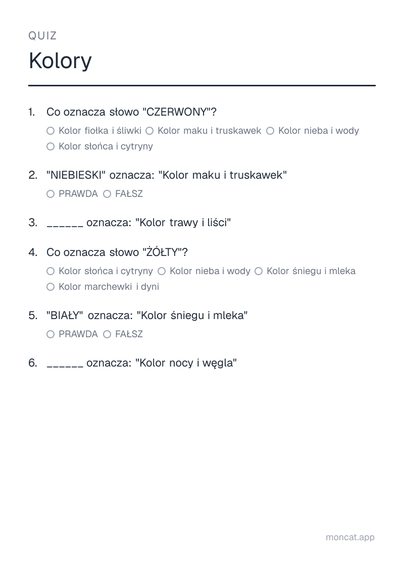 Przykładowa karta pracy do wydruku — Quiz na temat „Kolory” ze słowami: czerwony, niebieski, zielony, żółty, biały, czarny