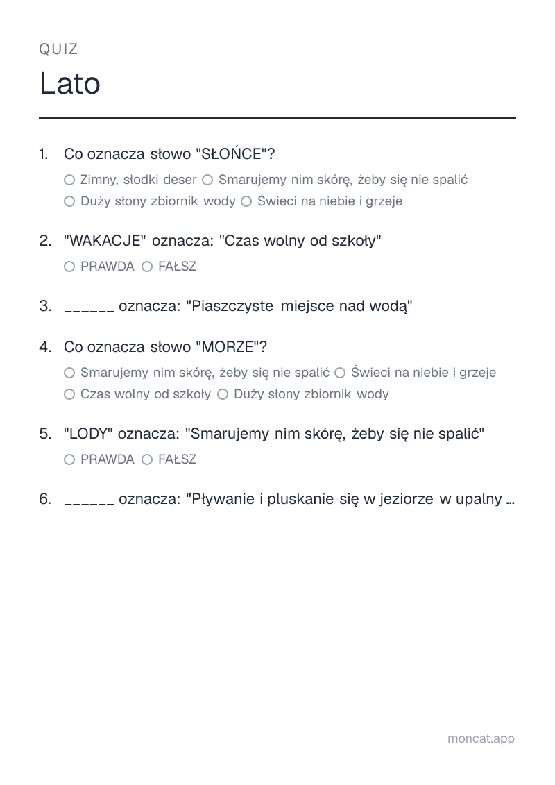 Przykładowa karta pracy do wydruku — Quiz na temat „Lato” ze słowami: słońce, wakacje, plaża, morze, lody, kąpiel