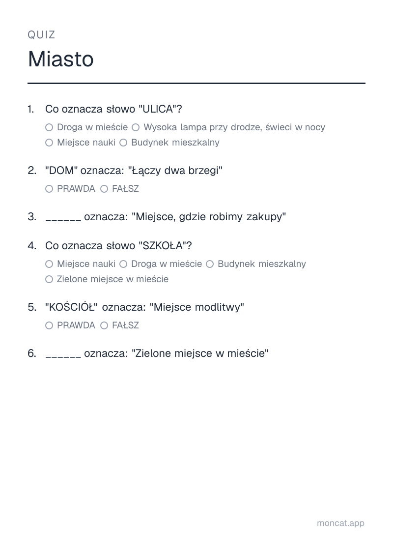 Przykładowa karta pracy do wydruku — Quiz na temat „Miasto” ze słowami: ulica, dom, sklep, szkoła, kościół, park