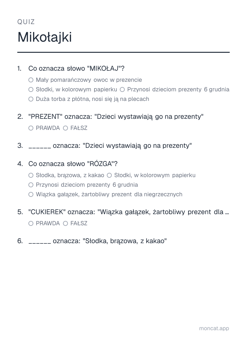 Przykładowa karta pracy do wydruku — Quiz na temat „Mikołajki” ze słowami: mikołaj, prezent, but, rózga, cukierek, czekolada