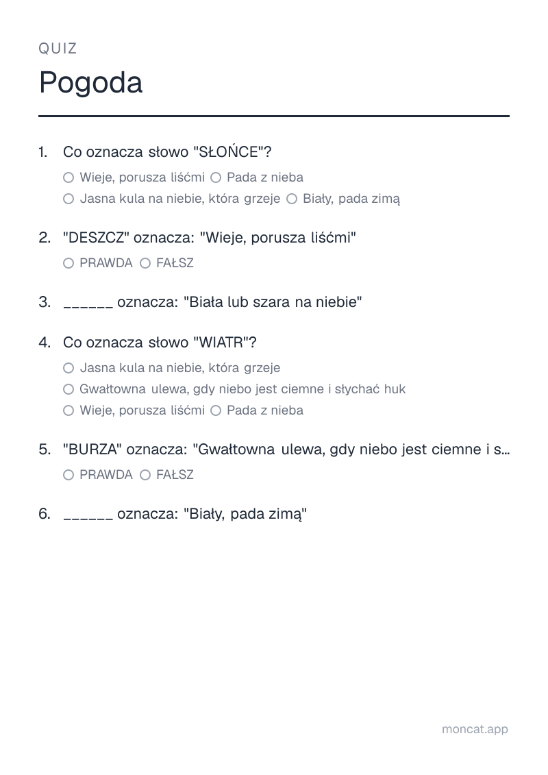 Przykładowa karta pracy do wydruku — Quiz na temat „Pogoda” ze słowami: słońce, deszcz, chmura, wiatr, burza, śnieg