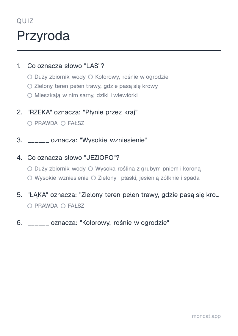 Przykładowa karta pracy do wydruku — Quiz na temat „Przyroda” ze słowami: las, rzeka, góra, jezioro, łąka, kwiat