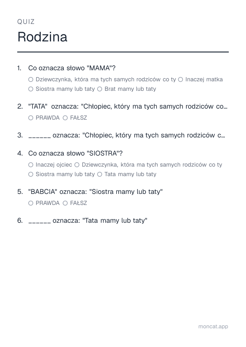 Przykładowa karta pracy do wydruku — Quiz na temat „Rodzina” ze słowami: mama, tata, brat, siostra, babcia, dziadek