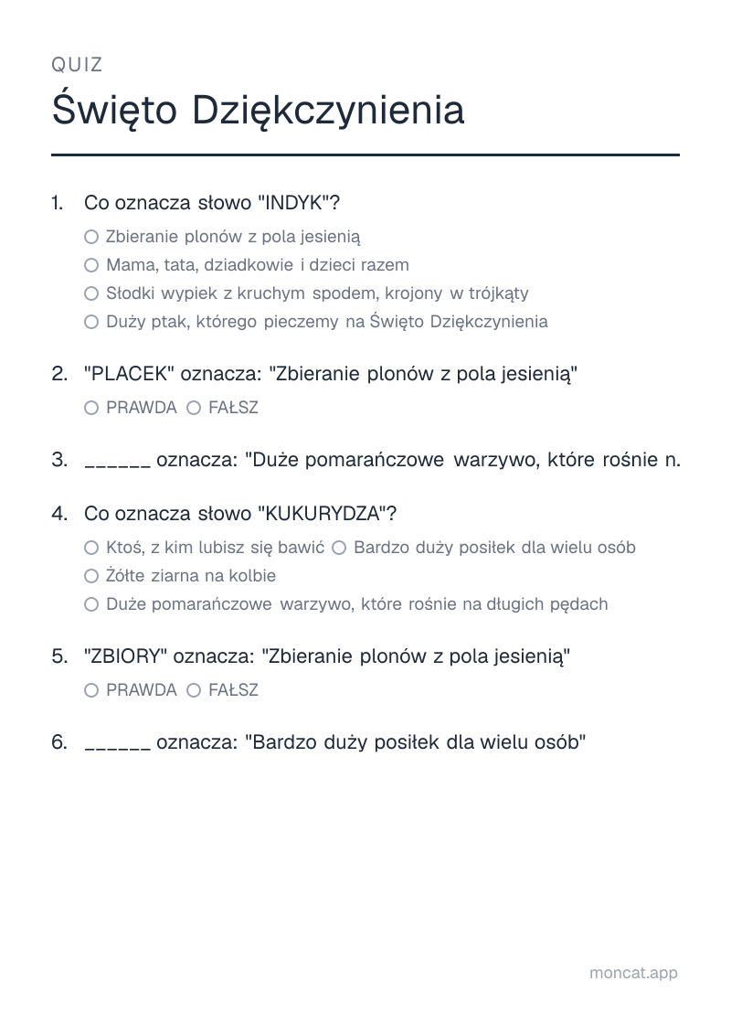 Przykładowa karta pracy do wydruku — Quiz na temat „Święto Dziękczynienia” ze słowami: indyk, placek, dynia, kukurydza, zbiory, uczta