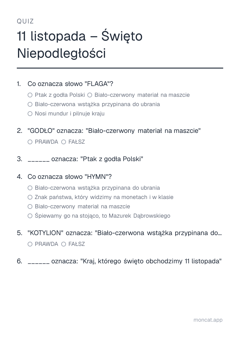 Przykładowa karta pracy do wydruku — Quiz na temat „11 listopada – Święto Niepodległości” ze słowami: flaga, godło, orzeł, hymn, kotylion, polska