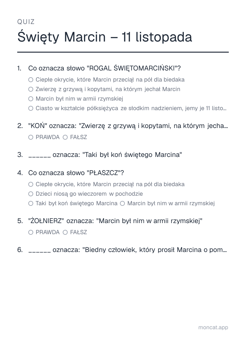 Przykładowa karta pracy do wydruku — Quiz na temat „Święty Marcin – 11 listopada” ze słowami: rogal świętomarciński, koń, biały, płaszcz, żołnierz, żebrak