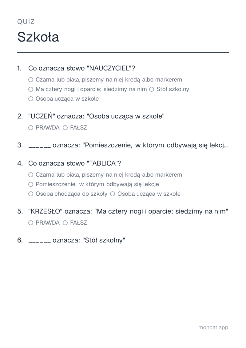 Przykładowa karta pracy do wydruku — Quiz na temat „Szkoła” ze słowami: nauczyciel, uczeń, klasa, tablica, krzesło, ławka