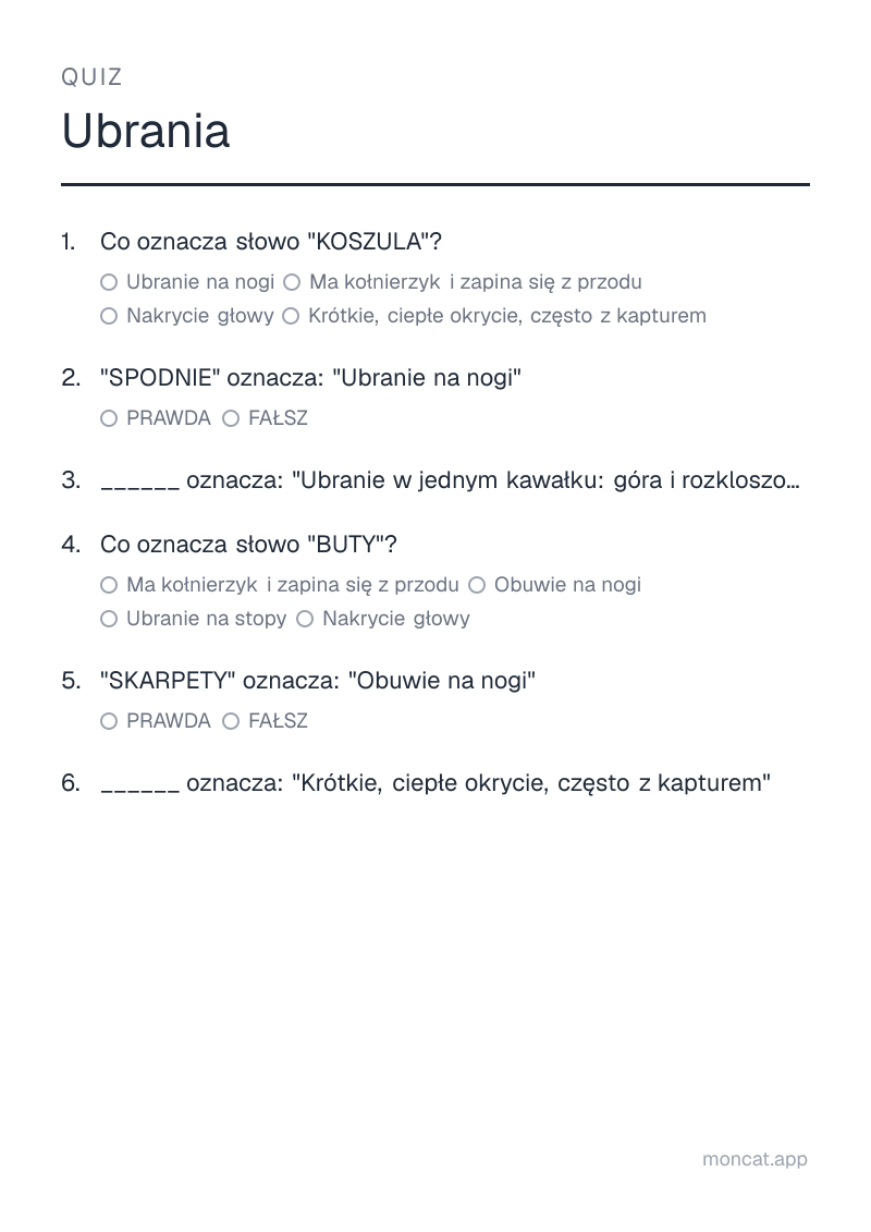 Przykładowa karta pracy do wydruku — Quiz na temat „Ubrania” ze słowami: koszula, spodnie, sukienka, buty, skarpety, kurtka