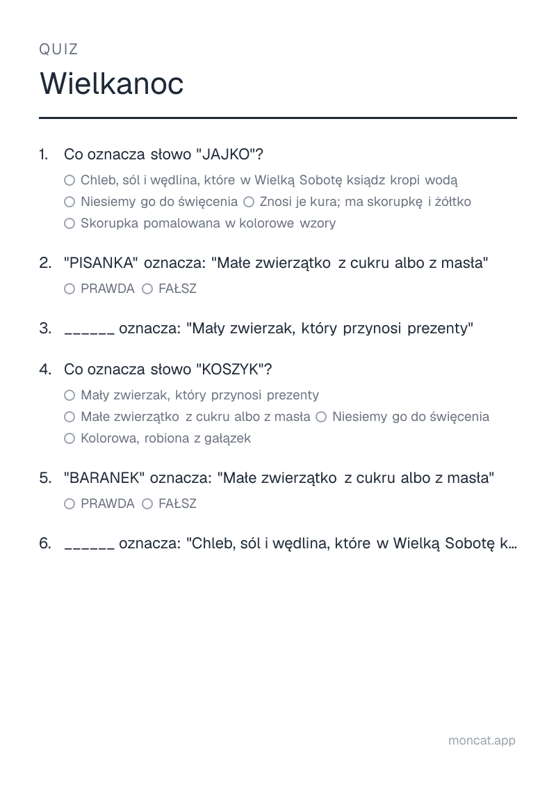 Przykładowa karta pracy do wydruku — Quiz na temat „Wielkanoc” ze słowami: jajko, pisanka, zajączek, koszyk, baranek, święconka