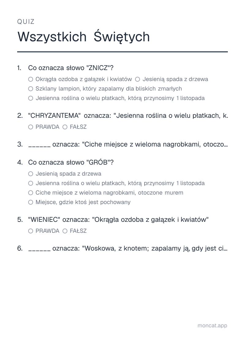 Przykładowa karta pracy do wydruku — Quiz na temat „Wszystkich Świętych” ze słowami: znicz, chryzantema, cmentarz, grób, wieniec, świeca
