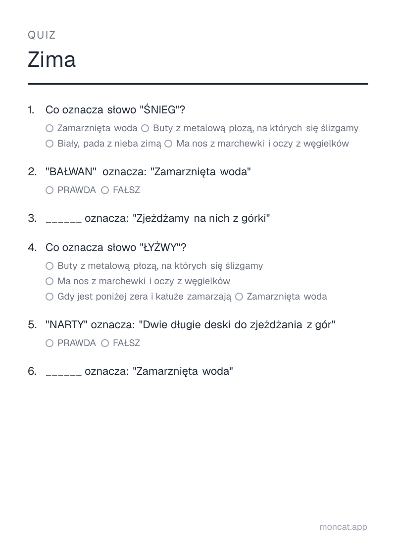 Przykładowa karta pracy do wydruku — Quiz na temat „Zima” ze słowami: śnieg, bałwan, sanki, łyżwy, narty, lód
