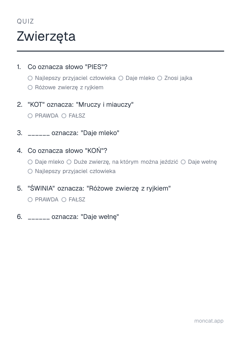 Przykładowa karta pracy do wydruku — Quiz na temat „Zwierzęta” ze słowami: pies, kot, krowa, koń, świnia, owca