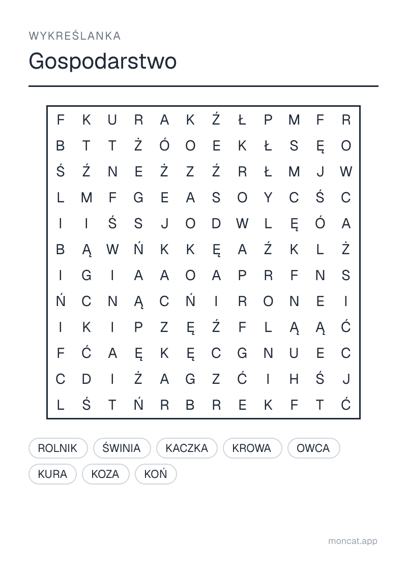 Przykładowa karta pracy do wydruku — Wykreślanka na temat „Gospodarstwo” ze słowami: rolnik, krowa, koń, świnia, owca, kura, kaczka, koza