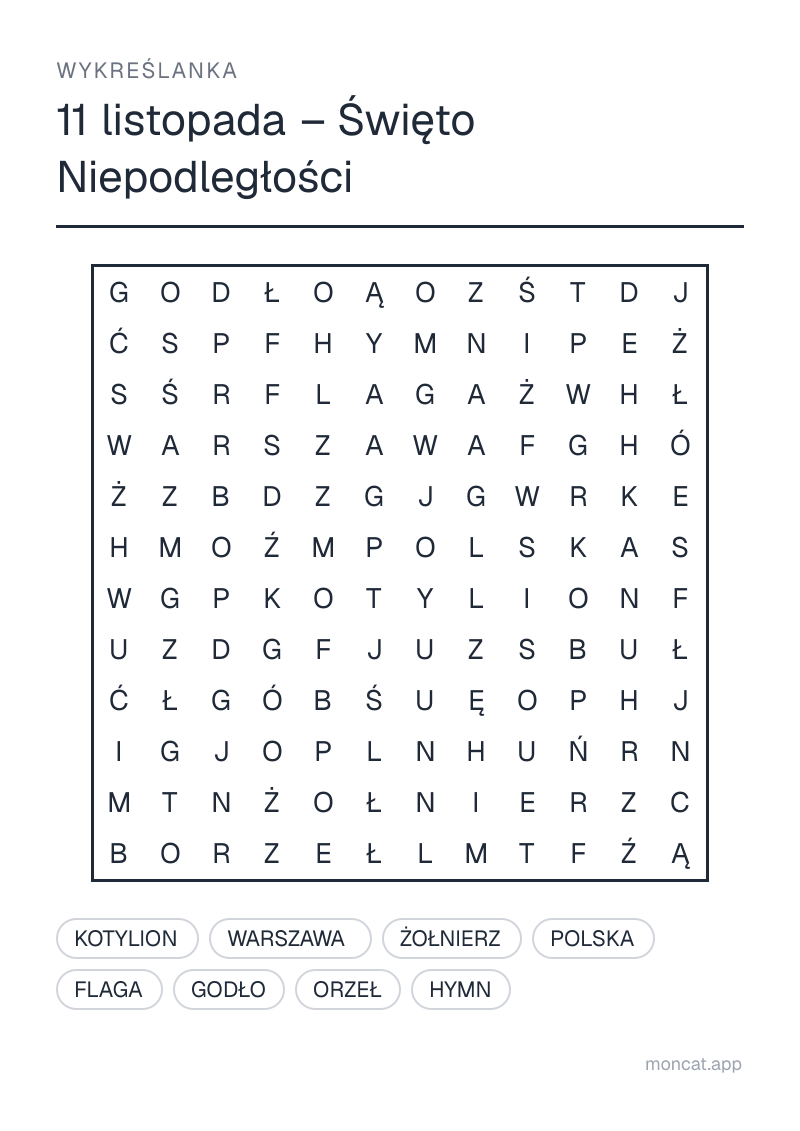 Przykładowa karta pracy do wydruku — Wykreślanka na temat „11 listopada – Święto Niepodległości” ze słowami: flaga, godło, orzeł, hymn, kotylion, polska, warszawa, żołnierz