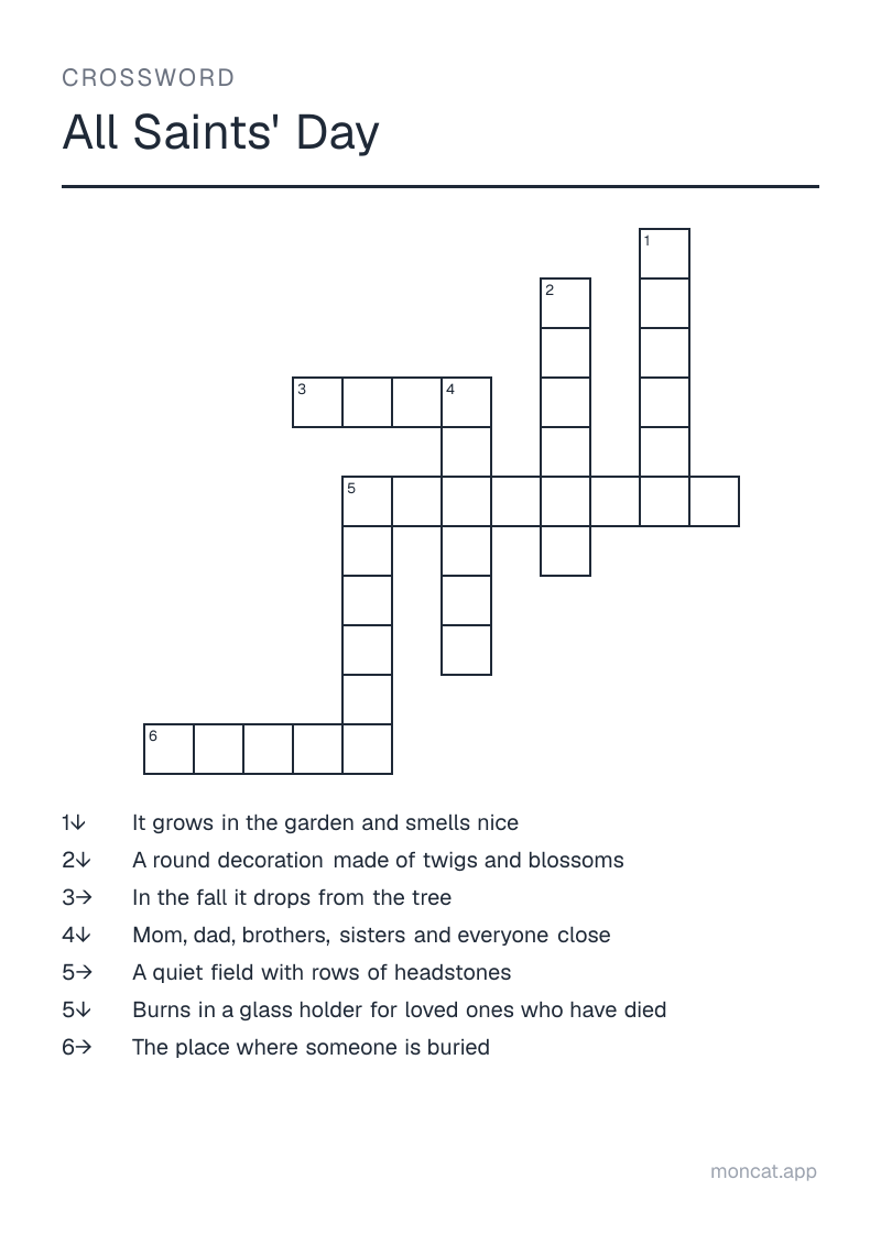 Sample printable Crossword on “All Saints' Day” with the words: candle, cemetery, grave, wreath, leaf, family, flower