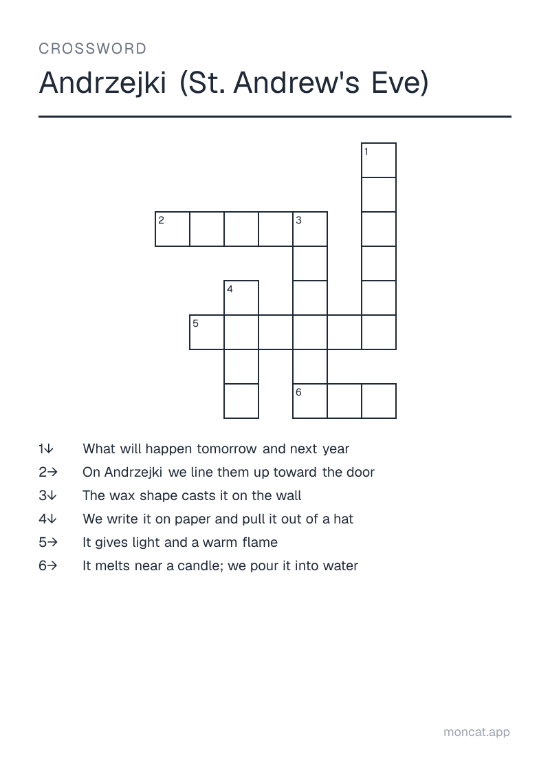 Sample printable Crossword on “Andrzejki (St. Andrew's Eve)” with the words: wax, shoes, candle, shadow, name, future