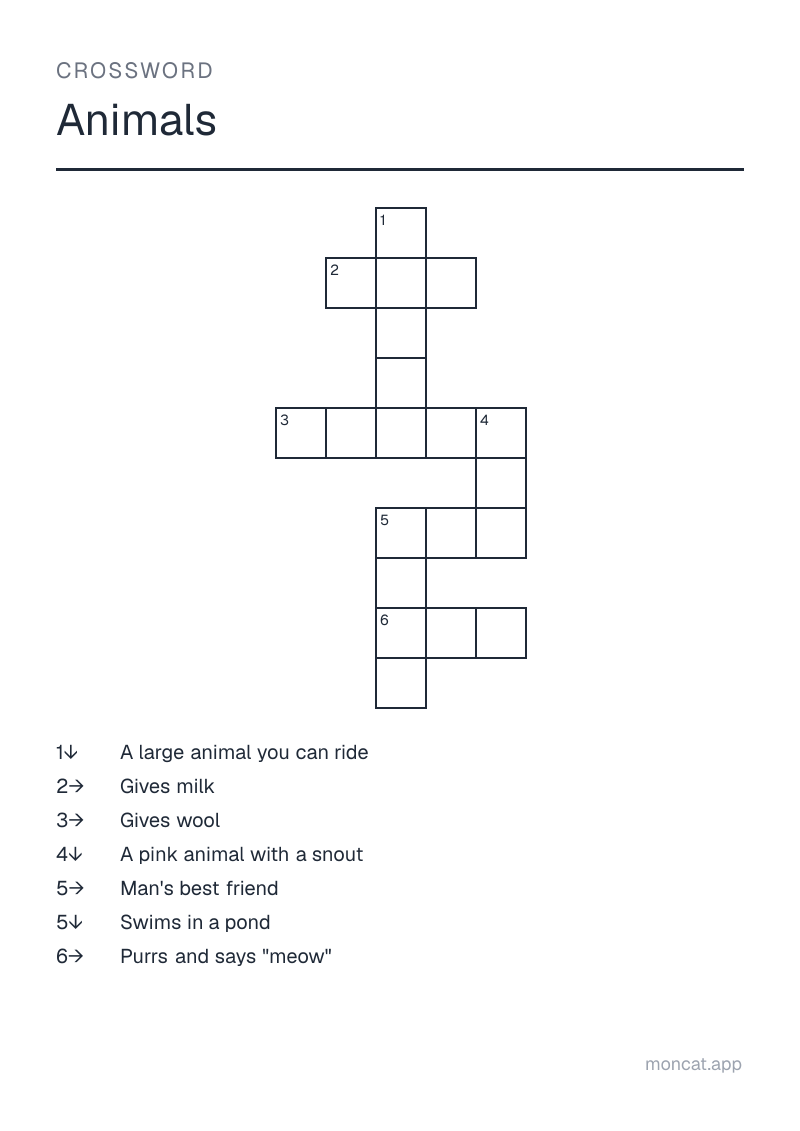Sample printable Crossword on “Animals” with the words: dog, cat, cow, horse, pig, sheep, duck