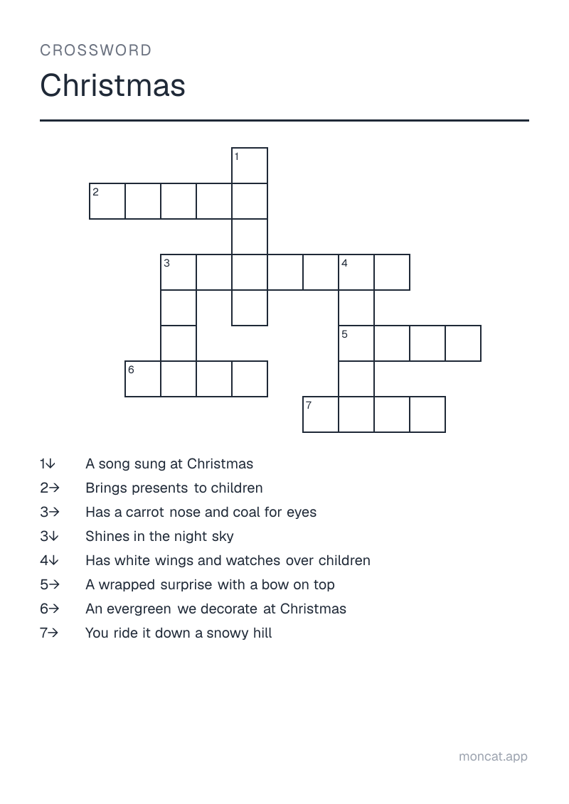 Sample printable Crossword on “Christmas” with the words: tree, gift, star, angel, carol, santa, sled, snowman