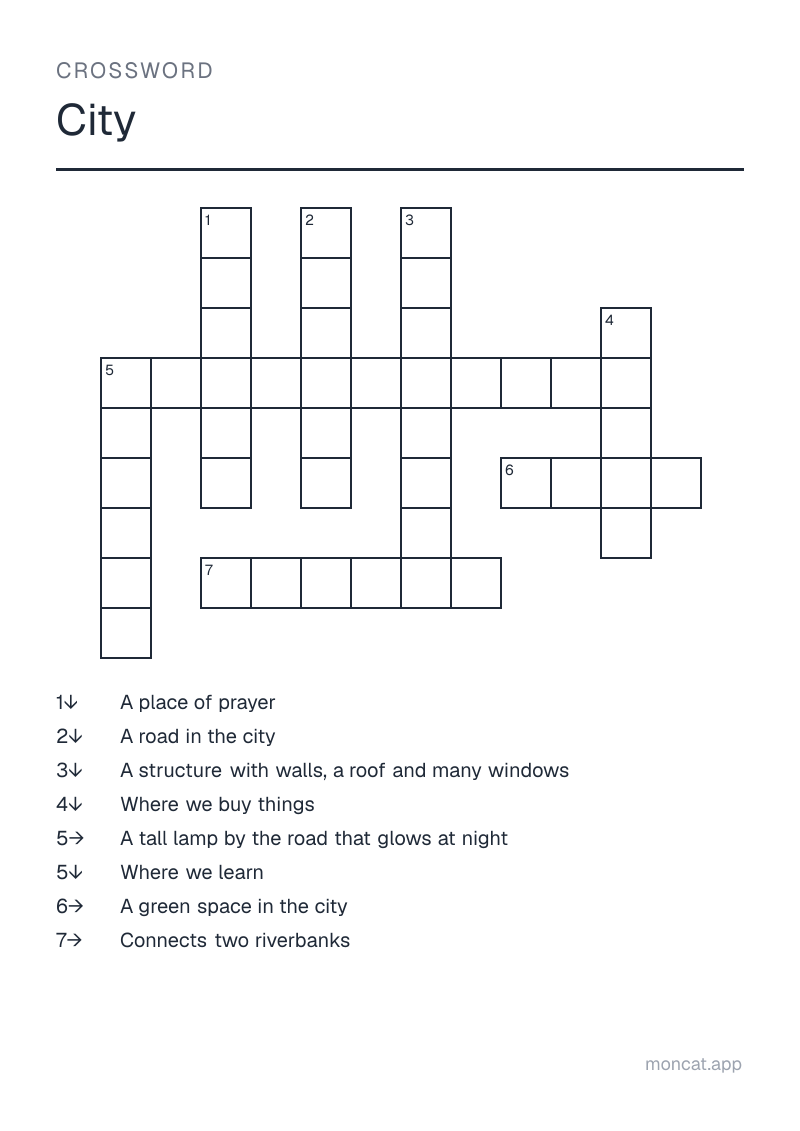 Sample printable Crossword on “City” with the words: street, building, store, school, church, park, bridge, streetlight