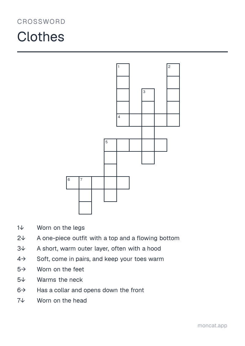 Sample printable Crossword on “Clothes” with the words: shirt, pants, dress, shoes, socks, jacket, hat, scarf