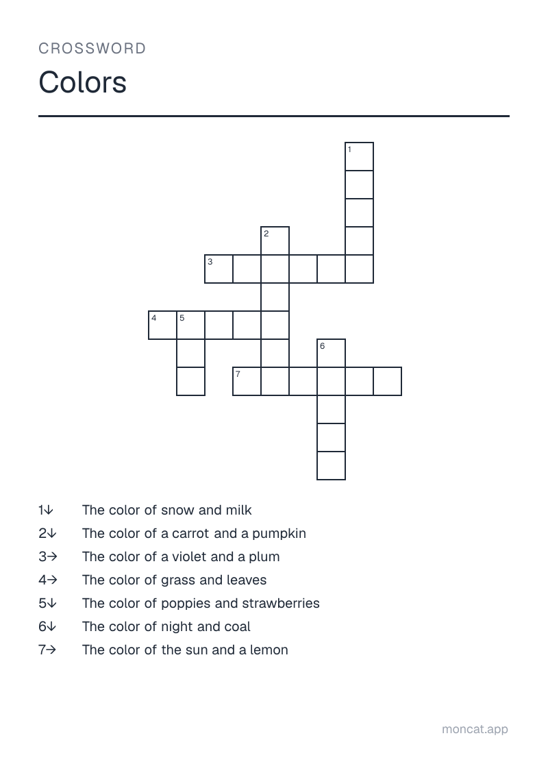 Sample printable Crossword on “Colors” with the words: red, green, yellow, white, black, orange, purple