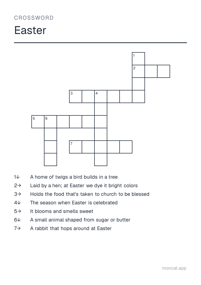 Sample printable Crossword on “Easter” with the words: egg, bunny, basket, lamb, nest, spring, flower