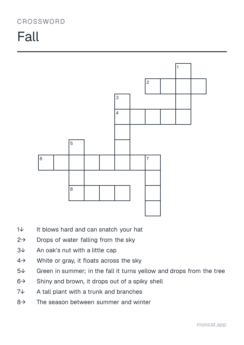 Sample printable Crossword on “Fall” with the words: fall, leaf, tree, rain, cloud, wind, chestnut, acorn