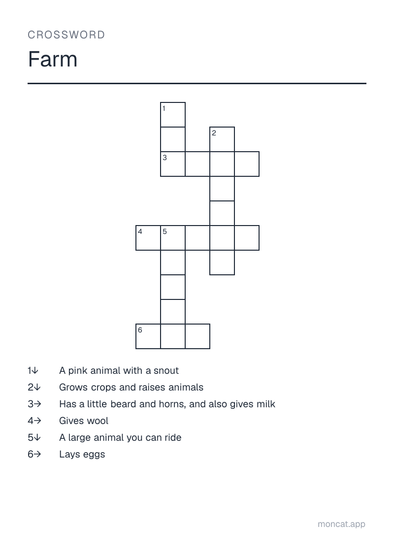 Sample printable Crossword on “Farm” with the words: farmer, horse, pig, sheep, hen, goat