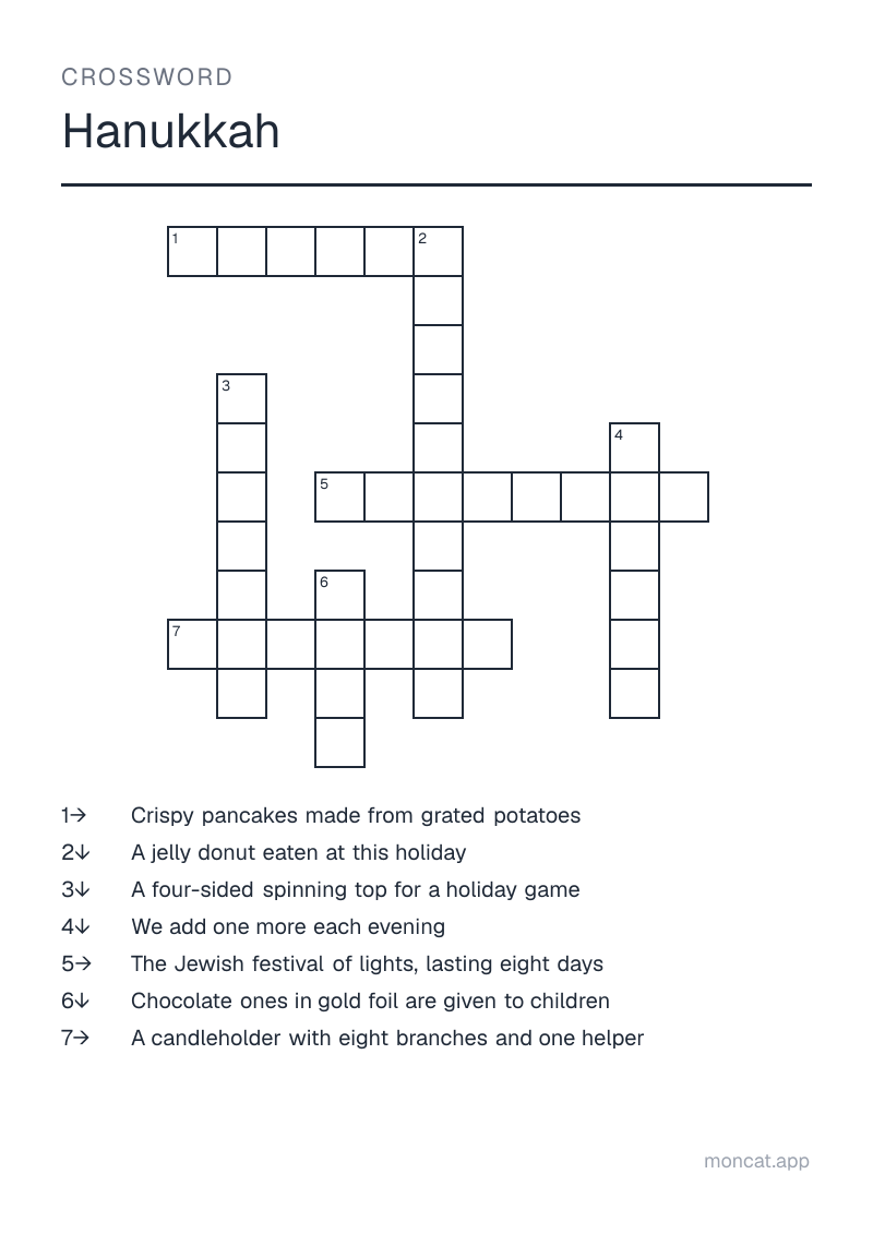 Sample printable Crossword on “Hanukkah” with the words: hanukkah, menorah, candle, dreidel, latkes, sufganiyah, coin