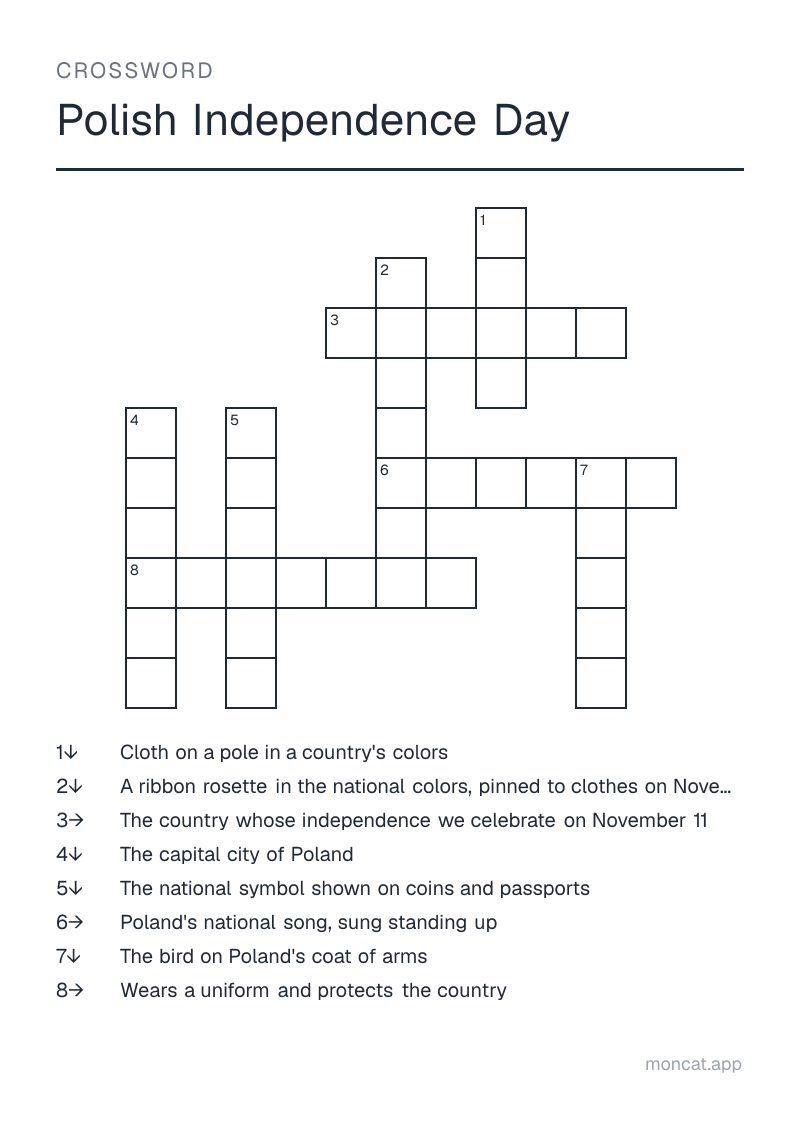 Sample printable Crossword on “Polish Independence Day” with the words: flag, emblem, eagle, anthem, cockade, poland, warsaw, soldier