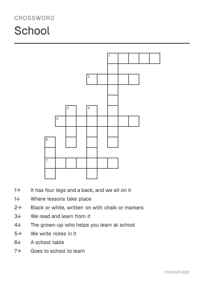 Sample printable Crossword on “School” with the words: teacher, student, classroom, board, chair, desk, book, notebook