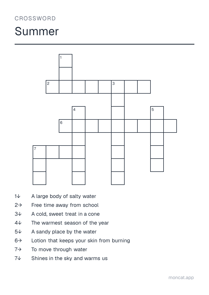 Sample printable Crossword on “Summer” with the words: sun, vacation, beach, sea, ice cream, swim, summer, sunscreen