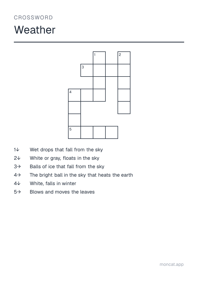 Sample printable Crossword on “Weather” with the words: sun, rain, cloud, wind, snow, hail