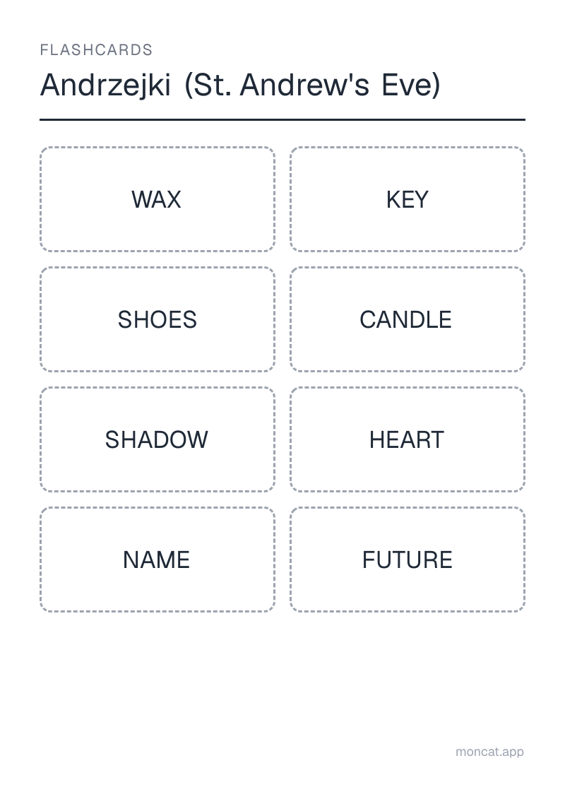 Sample printable Flashcards on “Andrzejki (St. Andrew's Eve)” with the words: wax, key, shoes, candle, shadow, heart, name, future