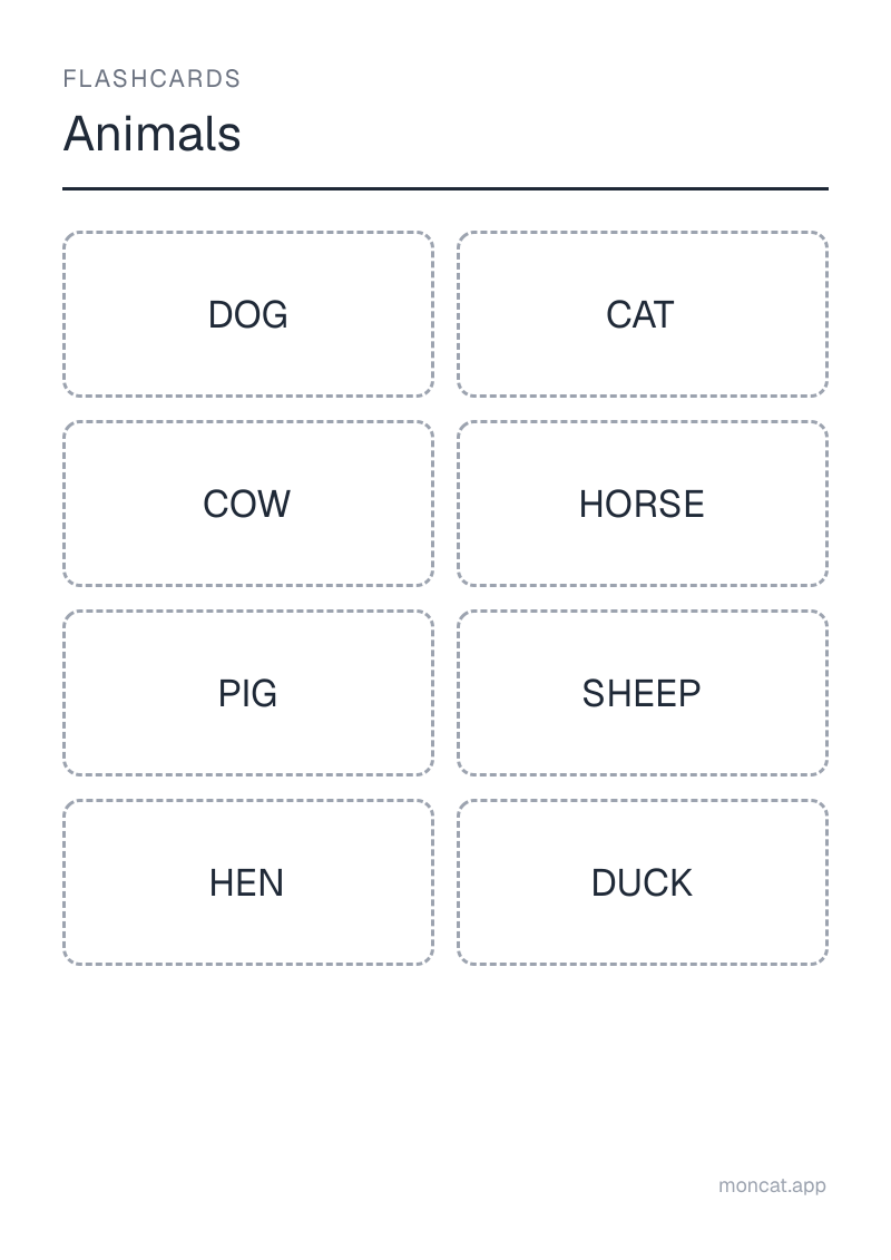 Sample printable Flashcards on “Animals” with the words: dog, cat, cow, horse, pig, sheep, hen, duck
