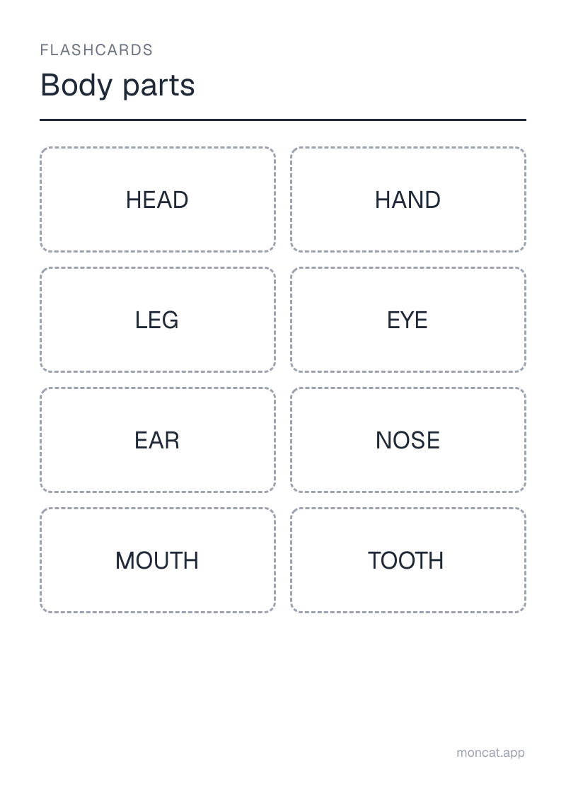 Sample printable Flashcards on “Body parts” with the words: head, hand, leg, eye, ear, nose, mouth, tooth