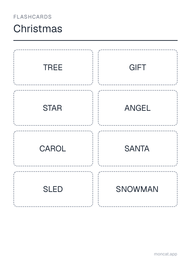 Sample printable Flashcards on “Christmas” with the words: tree, gift, star, angel, carol, santa, sled, snowman